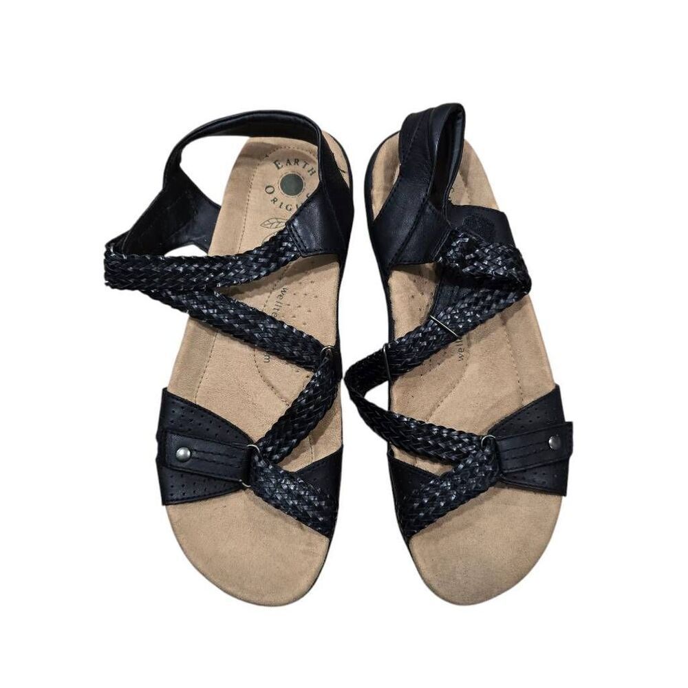 Earth Origins Stella Sandals‎ Women's 11M Black Braided Leather Slip On Open Toe